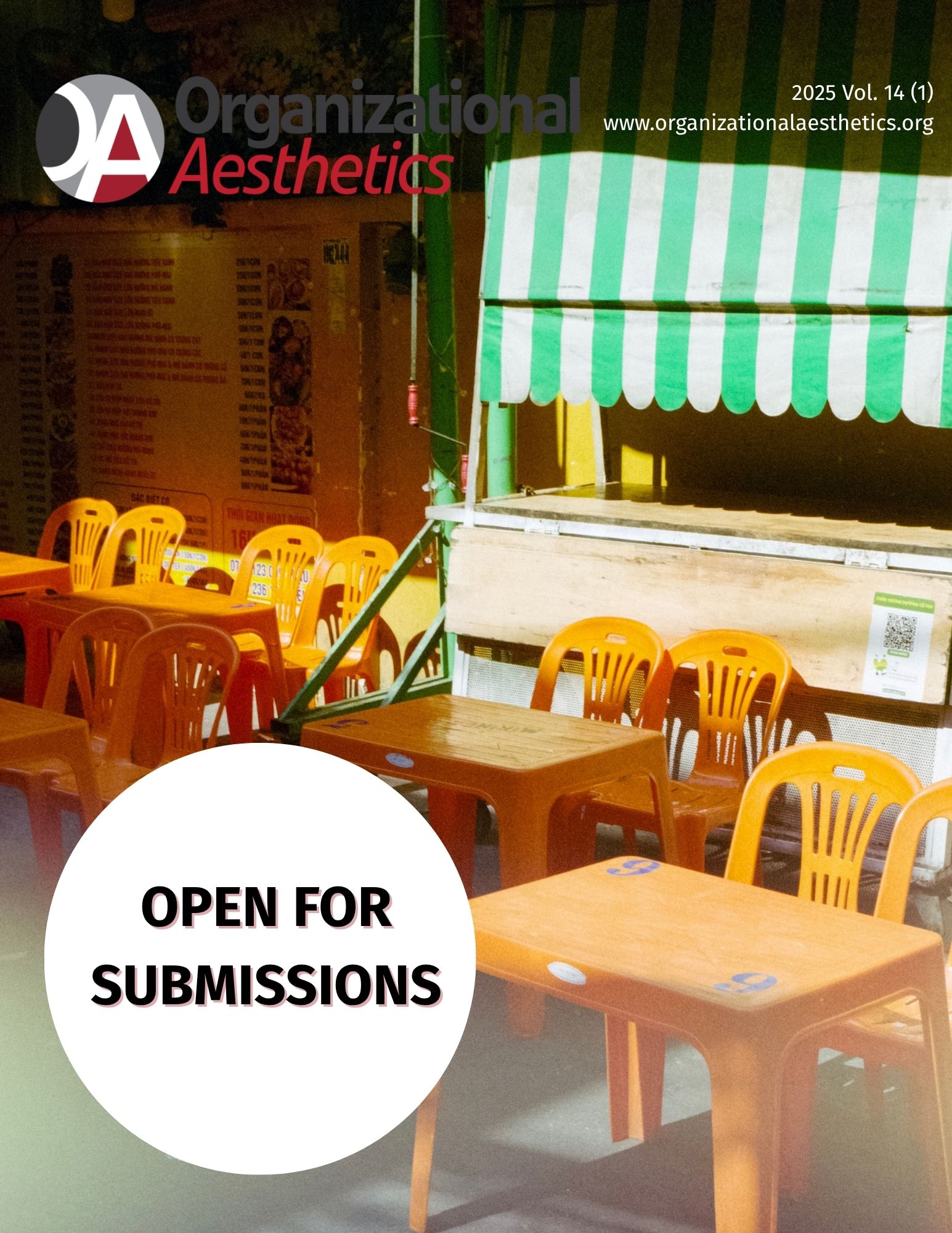 Outdoor cafe with orange tables and Monobloc chairs.